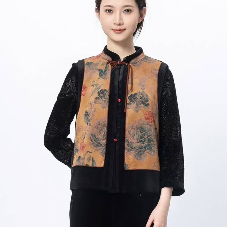 老美华秋季女士新中式撞色手工盘扣花纹单坎肩433222017