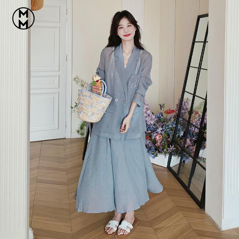 MM高级感气质休闲防晒西装套装女2025夏季新款薄款西服半身裙两件