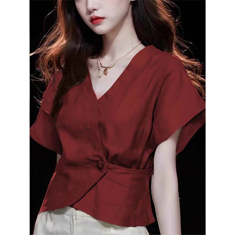 胖MM特大码300斤法式高级感短袖衬衫收腰v领时尚洋气高级感上衣女