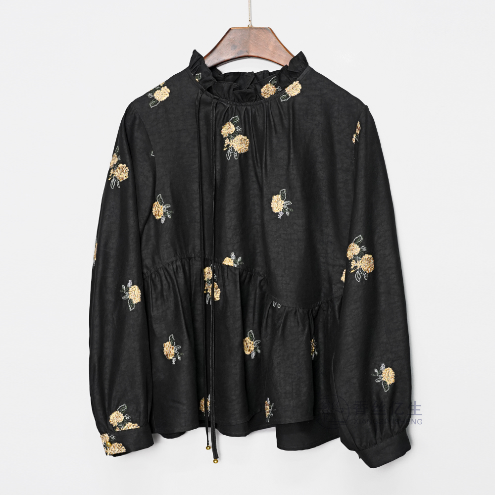 暗香幽梅！香云纱绣花秋季百搭黑色刺绣上衣娃长袖女装衬衫X3230