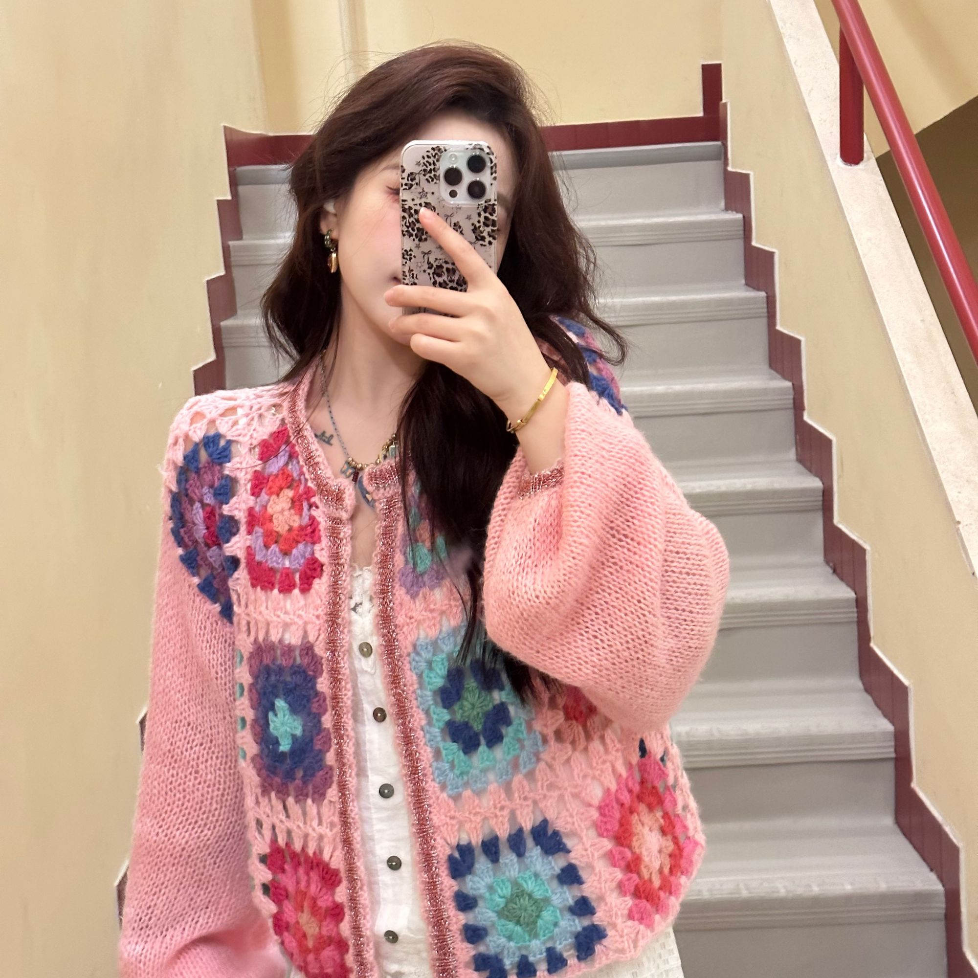 晶咕【镂空多巴胺】休闲风针织拼接镂空毛针织衫女装秋季韩版撞色