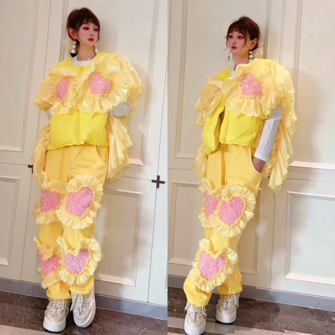 0156【熙妮潮牌】泰潮设计师款少女网红重工棉马甲+直筒休闲裤韩版