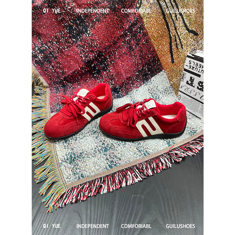 真皮2025夏秋新款轻便透气百搭红色德训鞋女软底运动休闲阿甘鞋子
