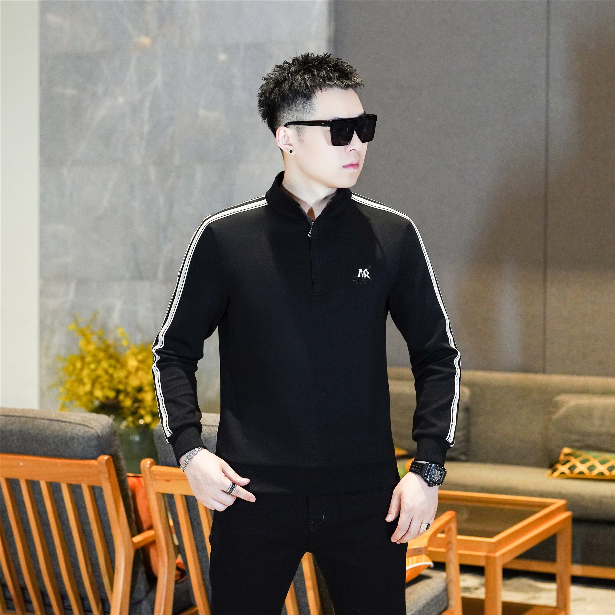 高级感黑色立领半拉链休闲卫衣痞帅时尚潮流织带长袖上衣男GL8219