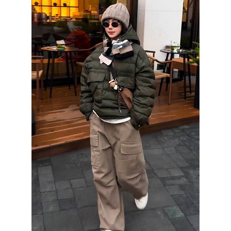 欧货2025冬季时髦洋气炸街美式纯色半拉链设计连帽套头潮流羽绒服