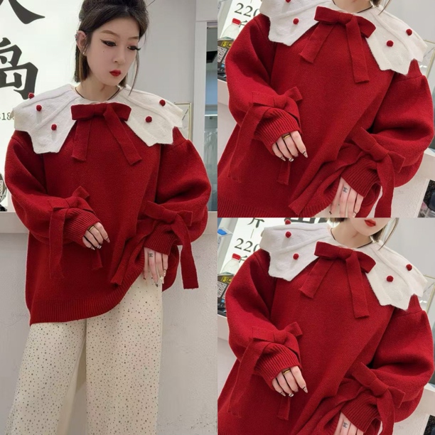 1910娃娃领立体蝴蝶结针织毛衣（衣长72左右）