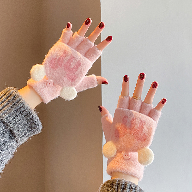 翻盖针织毛线手套女冬季可爱学生加厚保暖露半指触屏骑行防寒