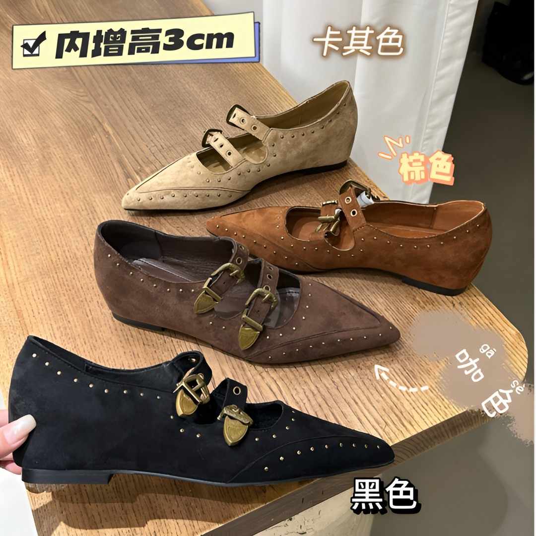 GUO-916-5新款 复古时髦铆钉尖头2025秋季一字扣浅口巨好看单鞋