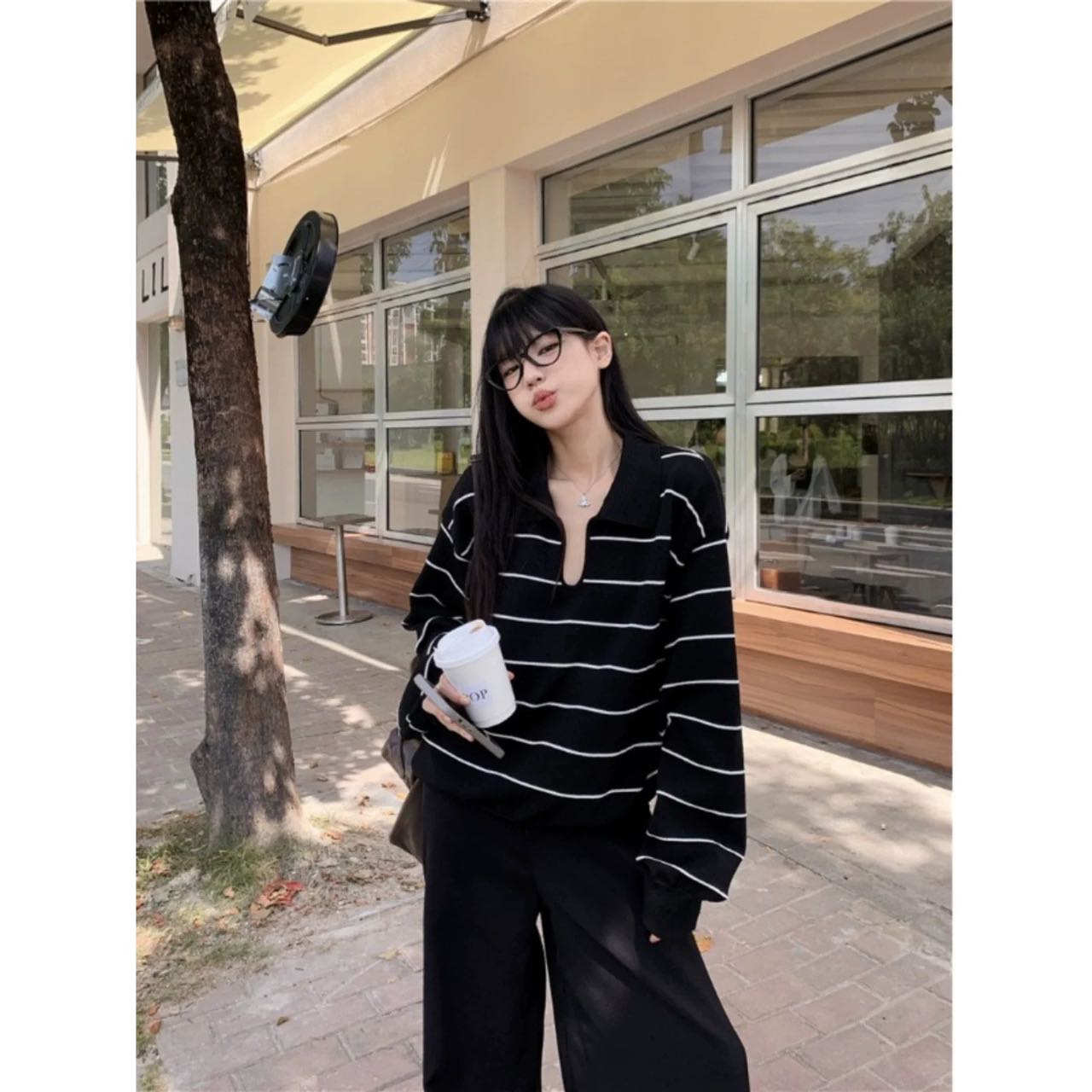 法式别致宽松慵懒风长袖上衣早秋休闲百搭条纹针织衣82072#0.15