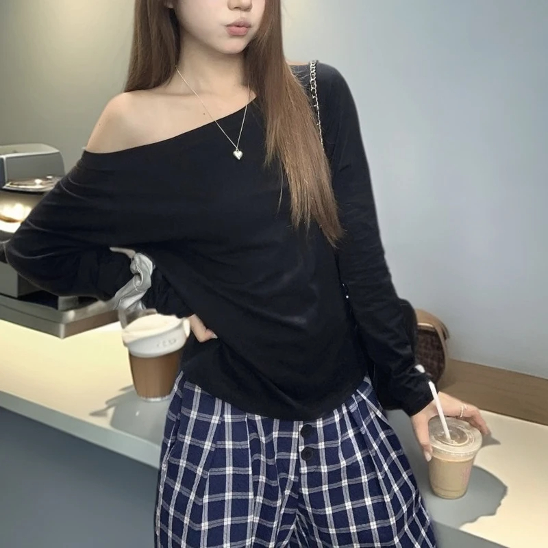 2025春夏新款设计感宽松弹力显瘦一字肩洋气上衣女长袖T恤女百搭T