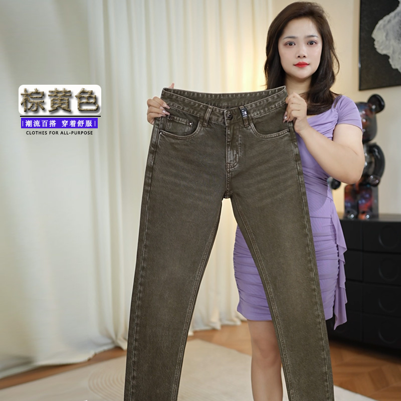 棕黄色莱塞尔男士牛仔裤秋季新款水洗中腰弹力复古轻奢高品质裤子