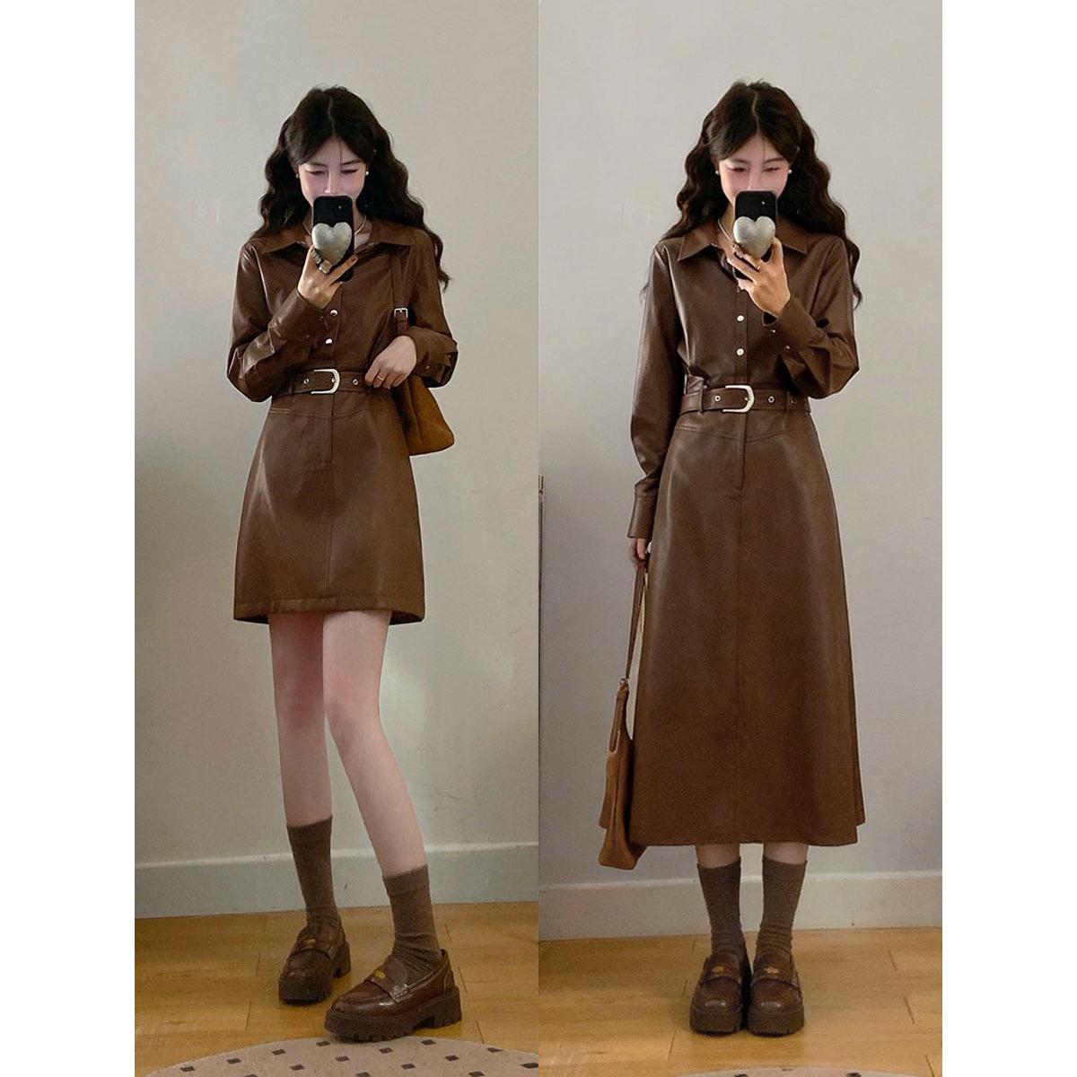 实拍～大码女装布鲁克林棕咖色皮衣连衣裙胖MM藏肉显瘦收腰皮裙女