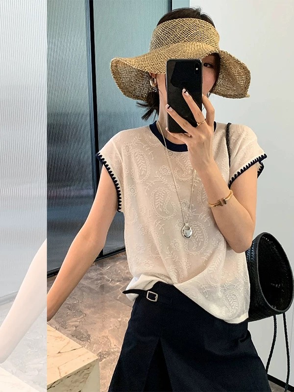 夏季莱赛尔飞飞袖针织衫女拼色圆领重工提花显瘦休闲上衣女T140