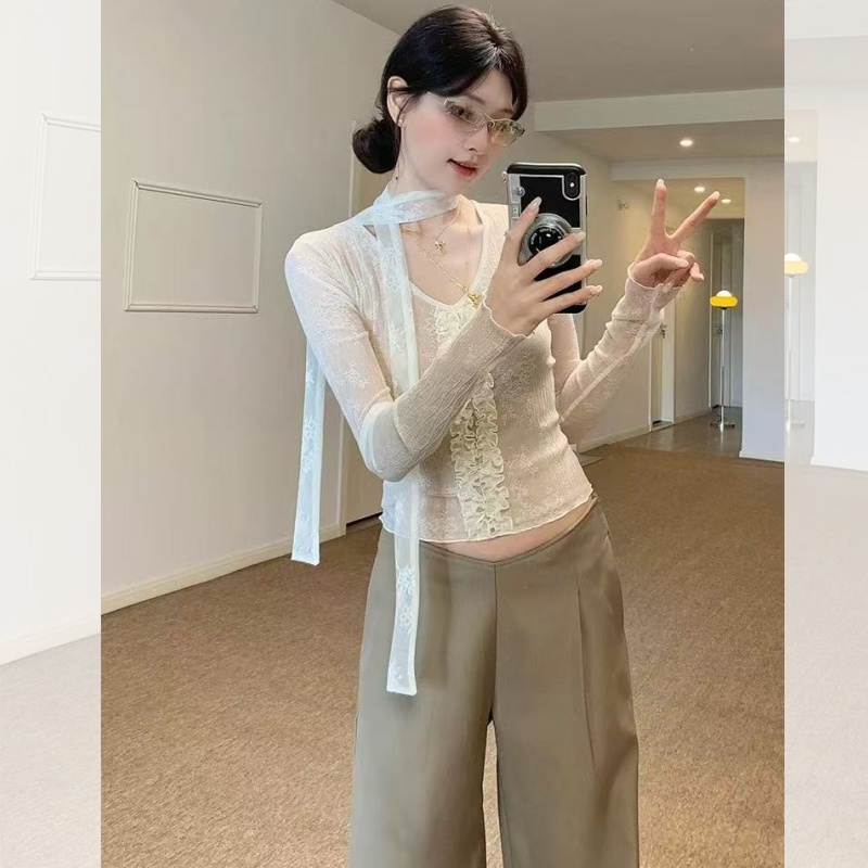 辣妹风蕾丝长袖t恤女2025秋冬捏褶花边修身收腰内搭打底衫上衣潮