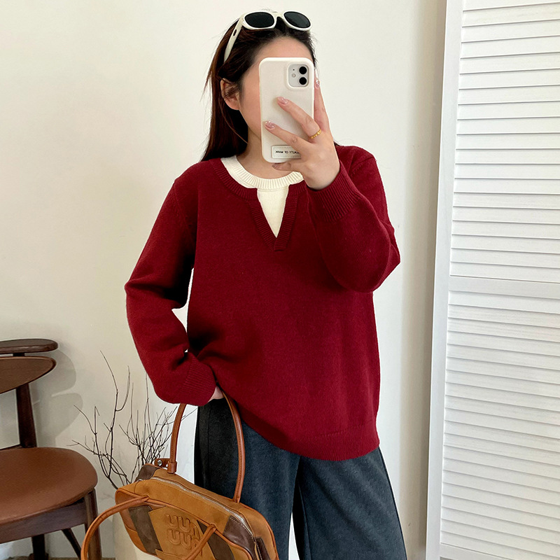 大码女装假两件休闲上衣女毛衣冬款胖宽松百搭针织衫