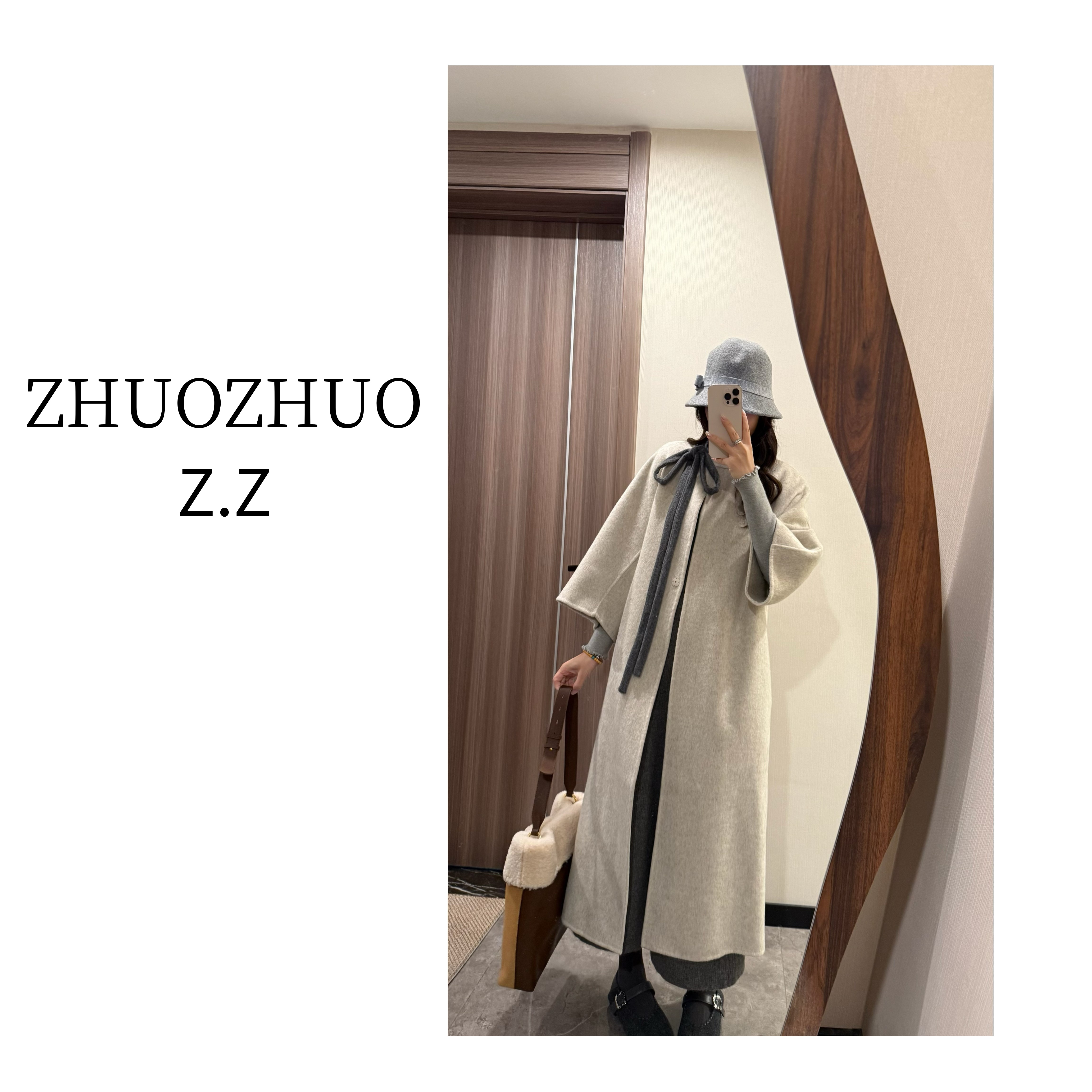 【ZHUOZHUO专属】“影徊绮色”韩系慵懒撞色飘带点缀中袖长款羊毛大衣