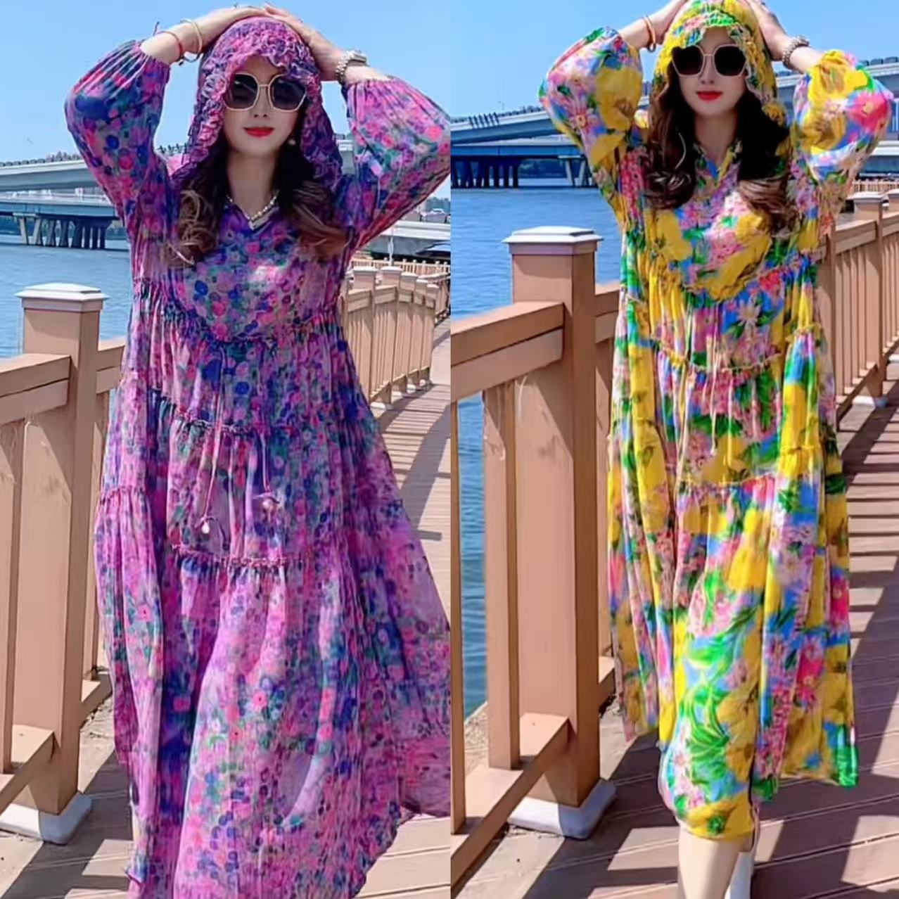 高品雪纺连衣裙 不带衬 双飞边 连帽款 宽松时尚洋气