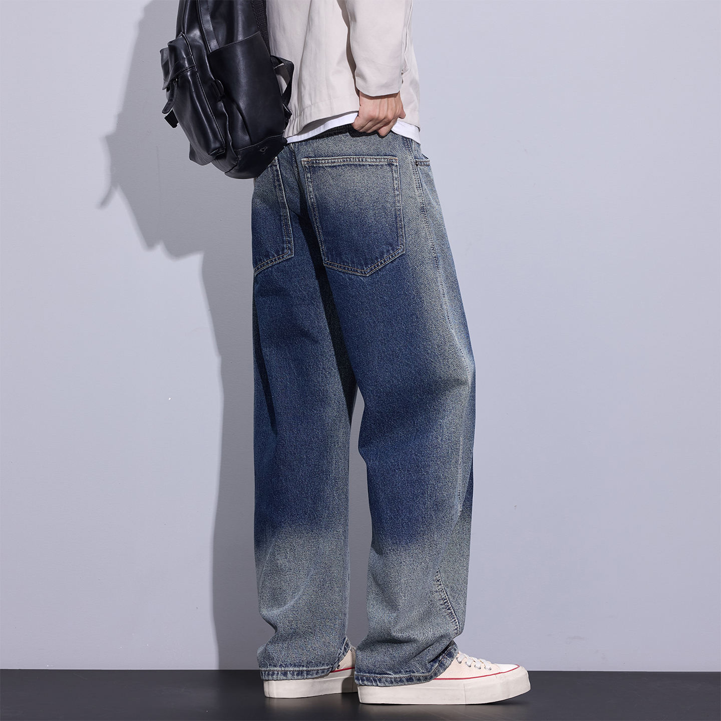 Kuvine美式复古水洗做旧渐变牛仔裤男秋季设计感宽松百搭弯刀裤子