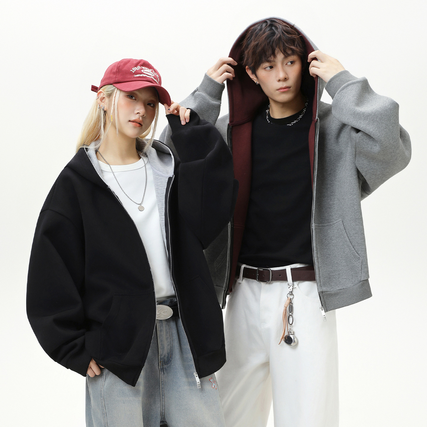 韩版撞色内里百搭连帽卫衣情侣秋冬款重磅开衫夹克潮牌休闲外套