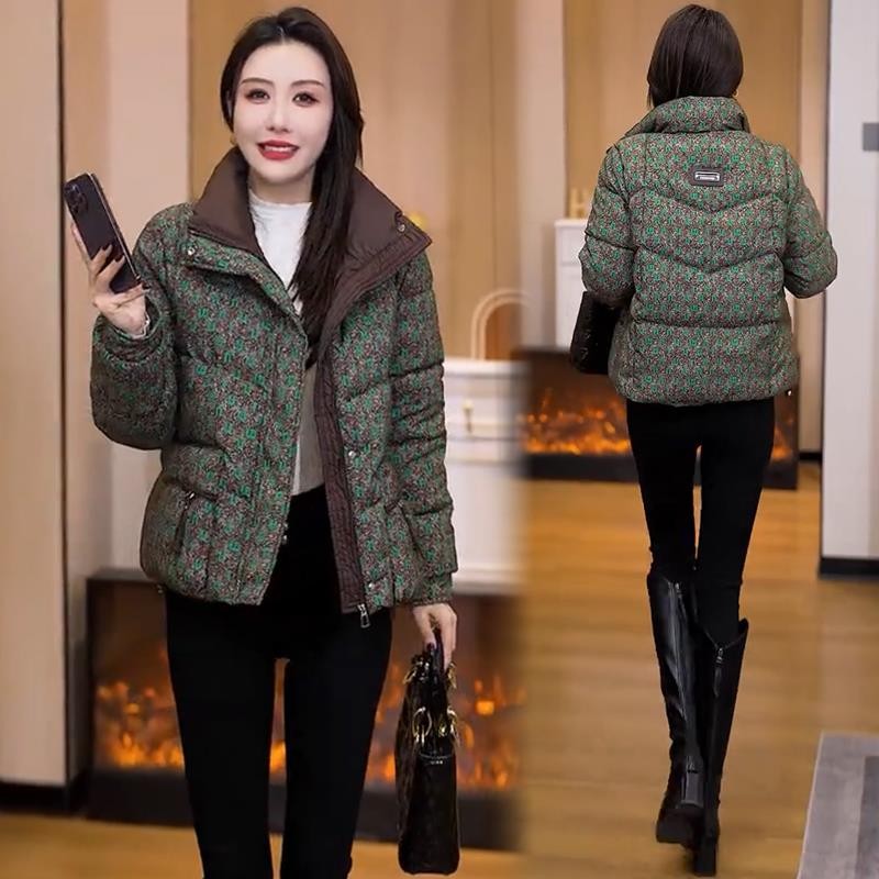 时尚碎花棉服女2025冬季新款洋气百搭小个子立领加厚保暖棉衣外套
