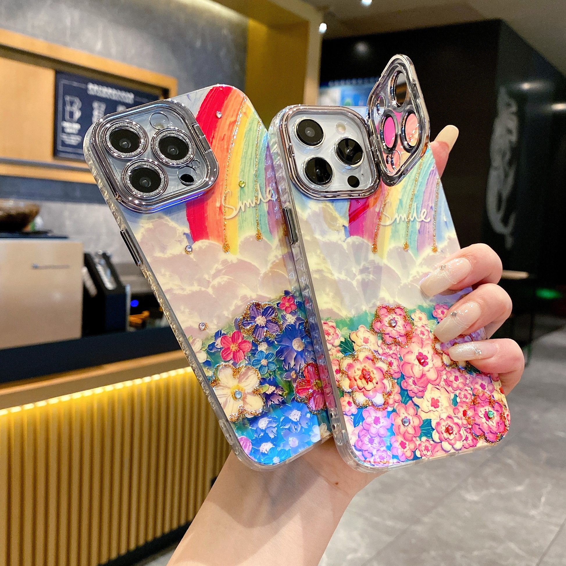 适用苹果系列iPhone16新款手机壳彩虹花海手链银灰色闪粉镜头支架