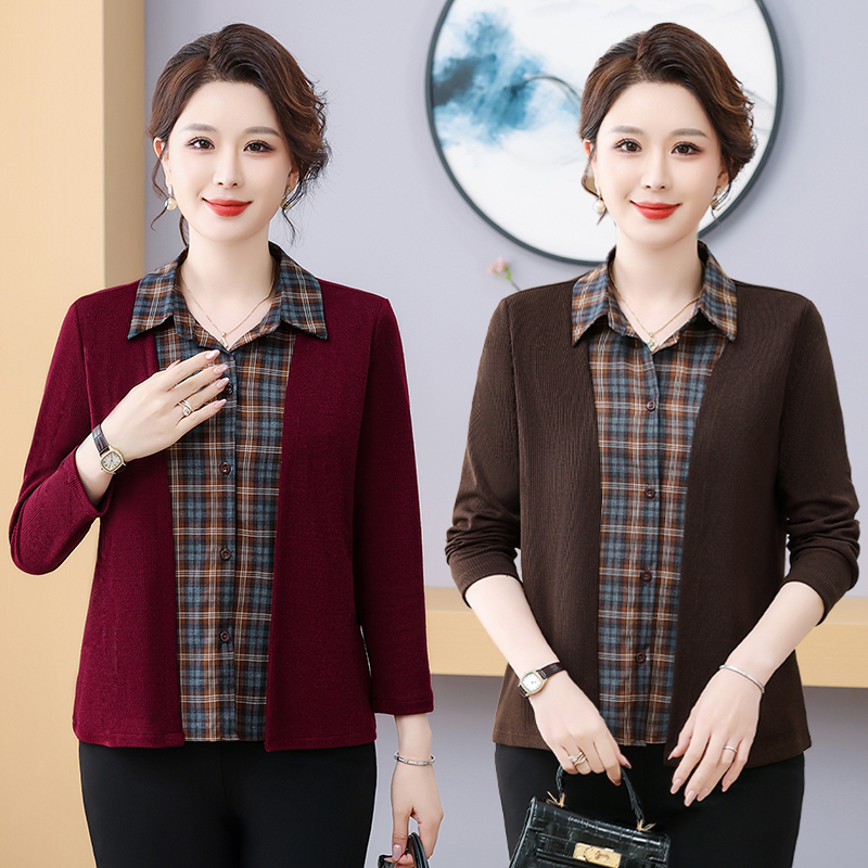 中老年女士大码带领打底衫宽松长袖妈妈洋气小衫有领上衣