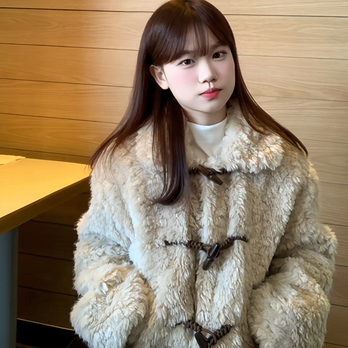 韩系环保牛角扣羊羔毛皮毛一体短款外套上衣
