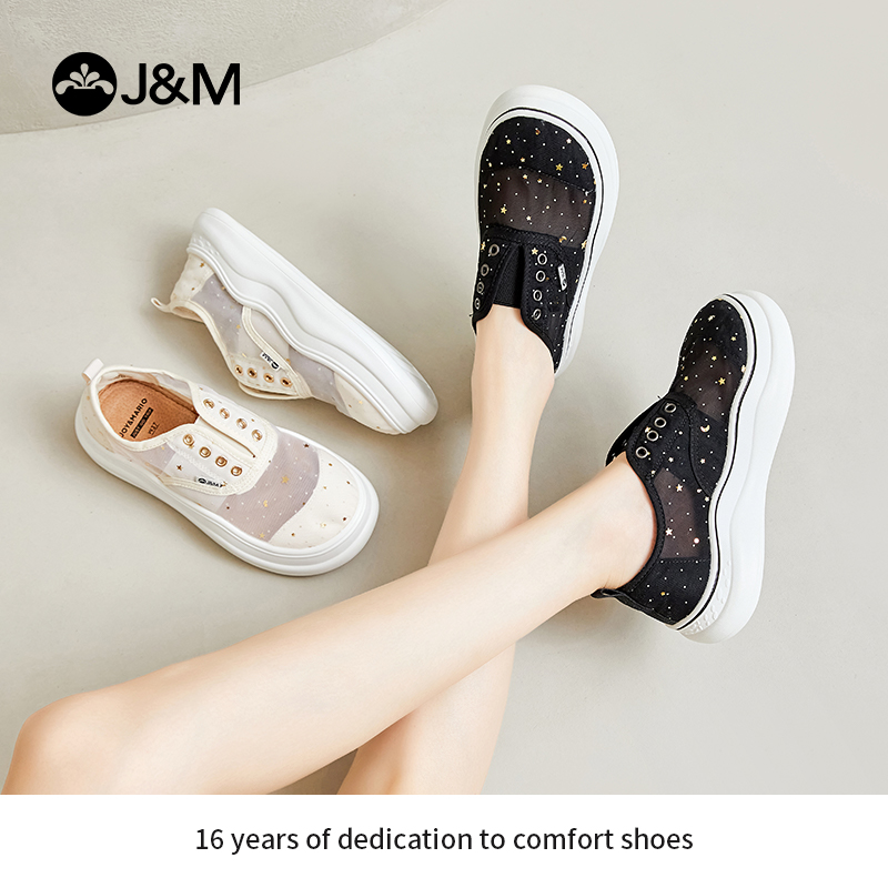 J&M/快乐玛丽2025新款圆头低帮镂空亮片帆布鞋百搭厚底女夏87592W