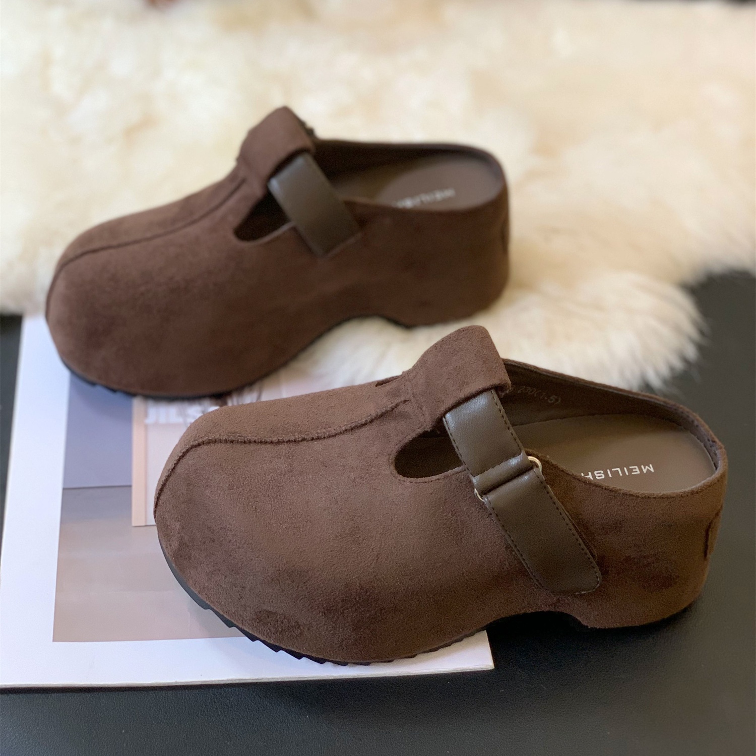 小众复古磨砂绒厚底增高包头拖女2025秋冬新款懒人一脚蹬勃肯鞋女