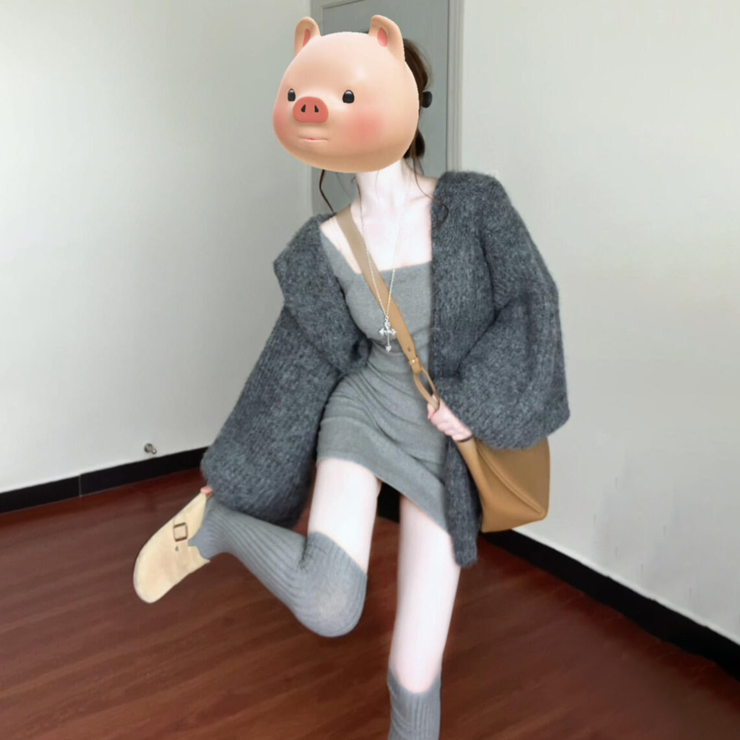 秋冬韩系辣妹氛围感加厚慵懒风灰色毛衣外套女内搭连衣裙两件套装