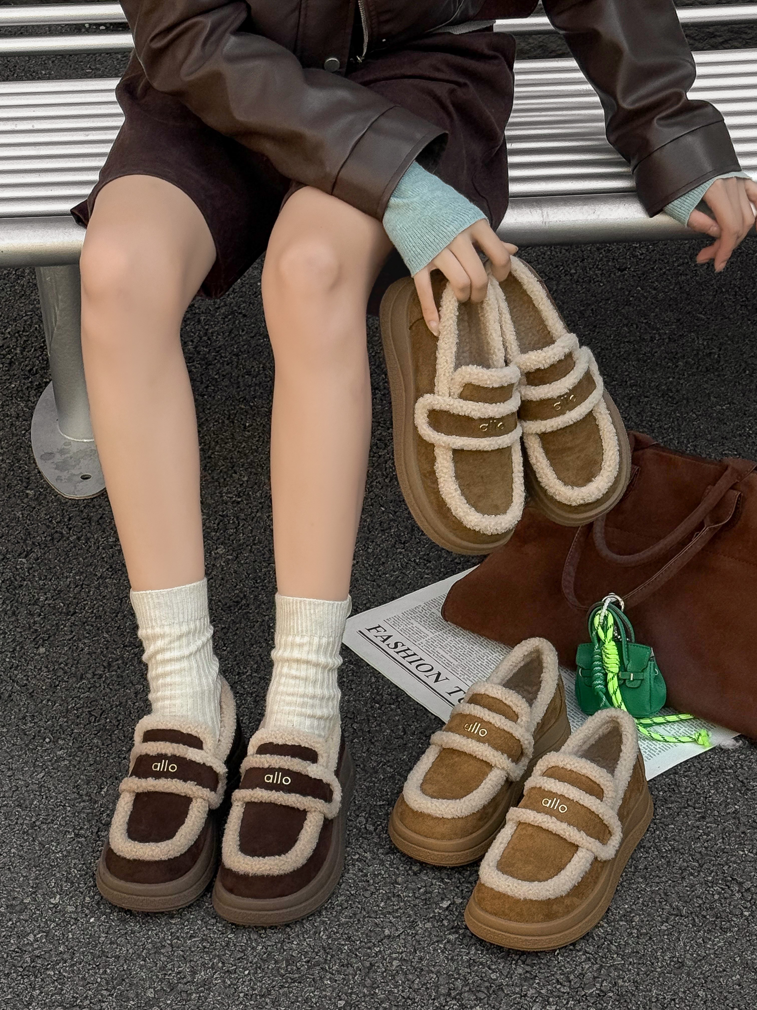 厚底加绒勃肯鞋女一脚蹬保暖毛毛鞋舒适百搭软底防滑冬季棉鞋