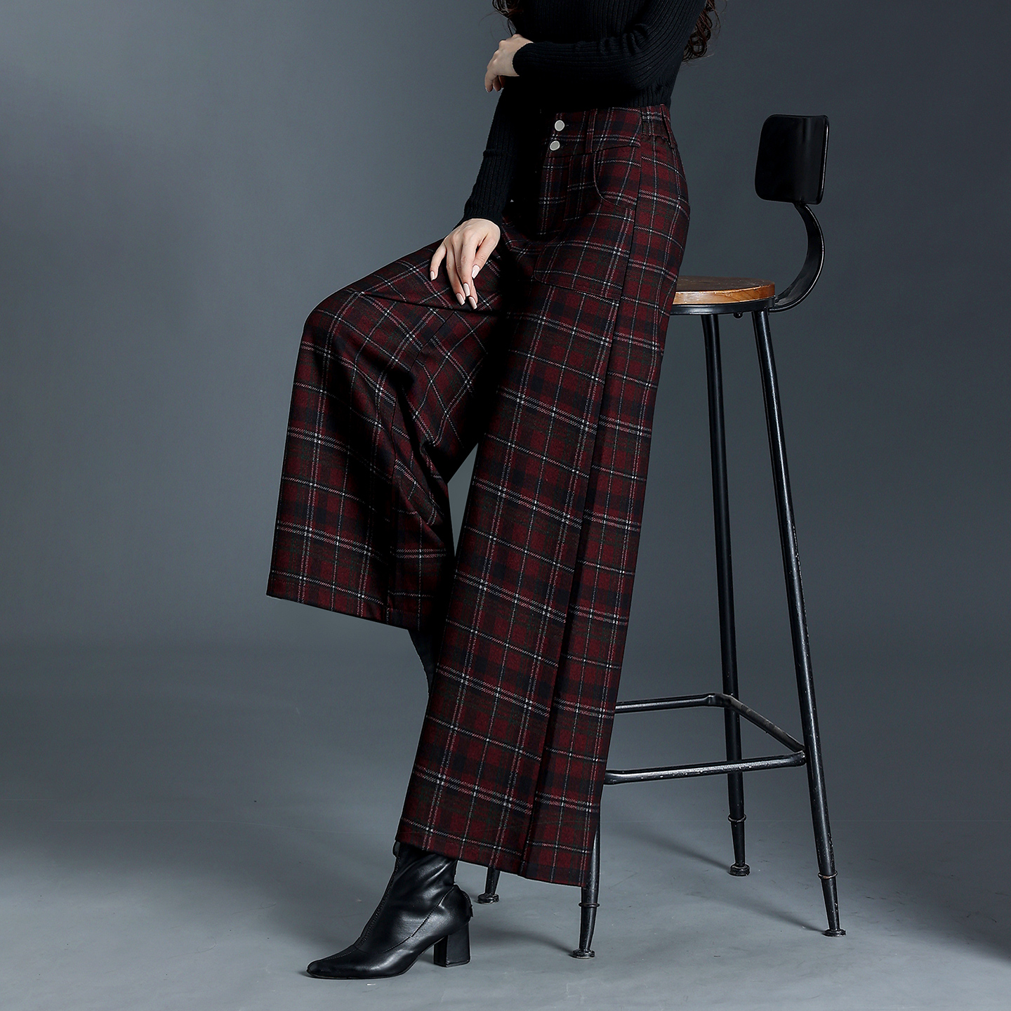拉夏贝尔红色格子裤2025秋冬新款阔腿裤高腰垂顺复古休闲裤直筒裤