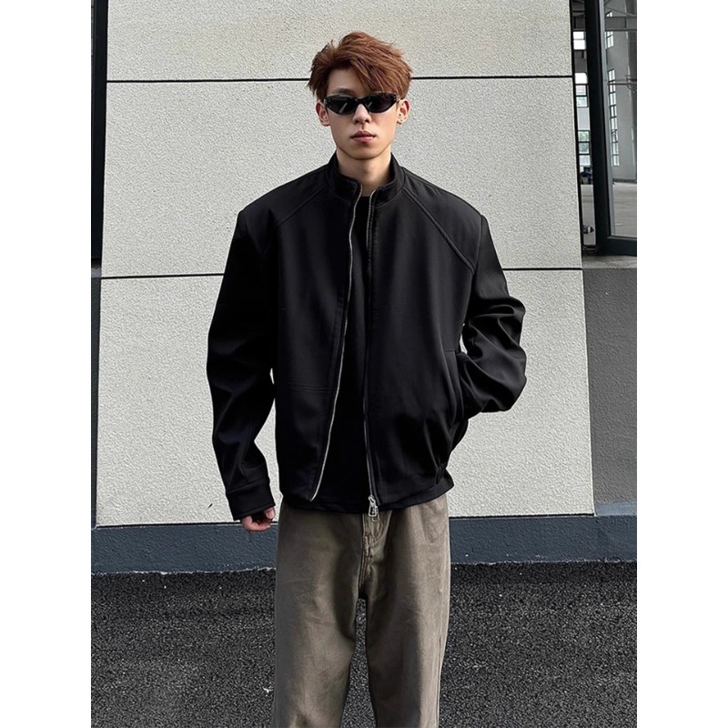 黑色短款垫肩夹克男春秋美式潮牌高级感痞帅上衣高街休闲长袖外套
