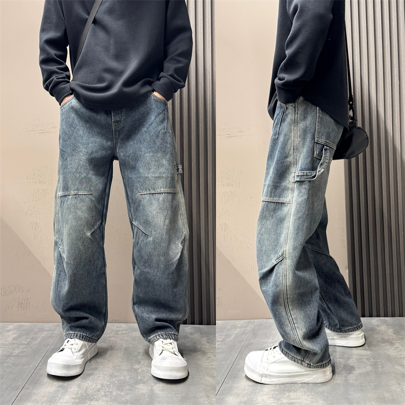 秋冬新款复古水洗男加绒加厚牛仔裤宽松高街美式潮流阔腿牛仔裤