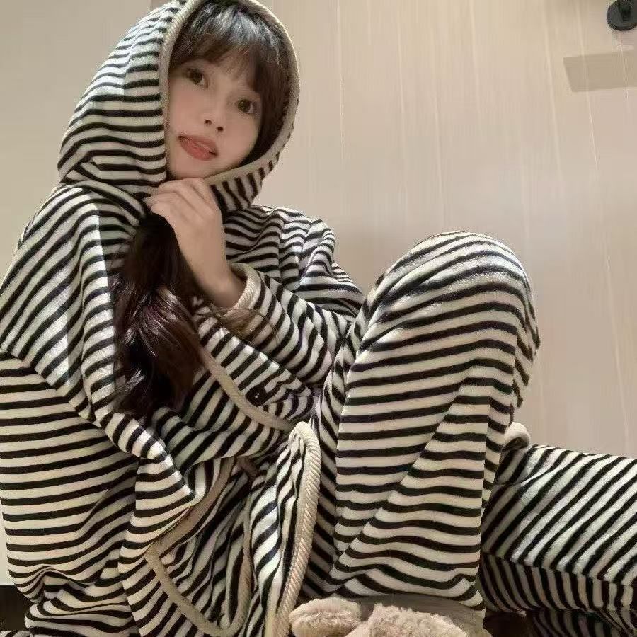 【加厚】条纹秋冬法兰绒长袖连帽长裤居家睡衣套装