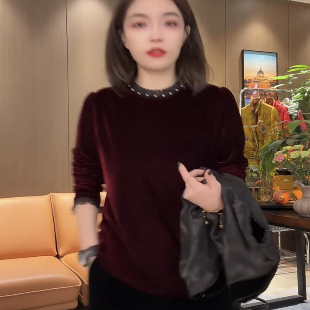 丝绒时尚秋冬新中式洋气套头重工钉珠网纱拼接黑色酒红色打底衫女