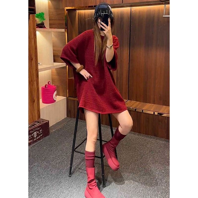 慵懒风宽松圆领纯色针织连衣裙女欧洲站2025春秋新款洋气休闲短裙