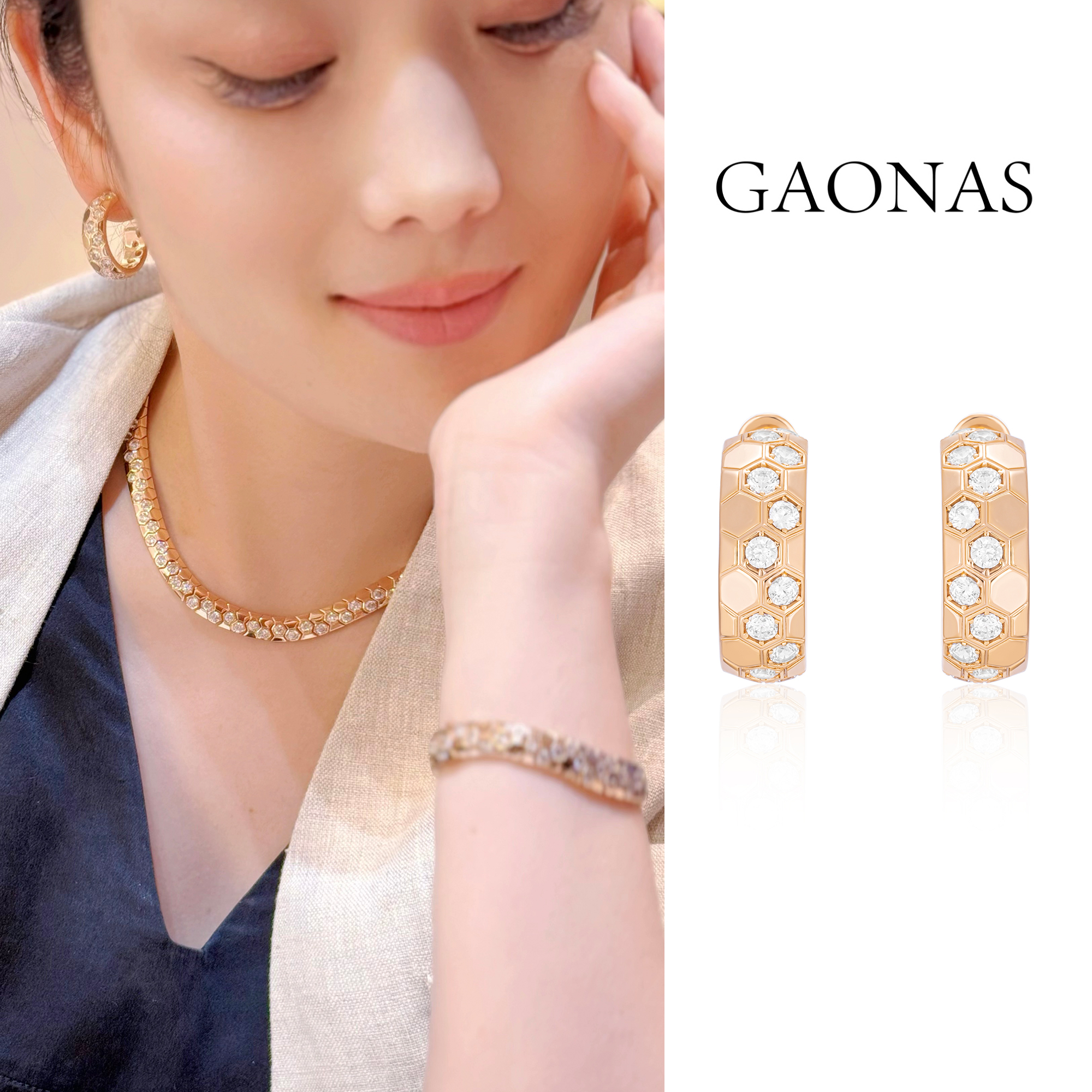 GAONAS 铜合金合成锆石耳饰  镀K金合成锆石蜂巢金色耳环11420EGO