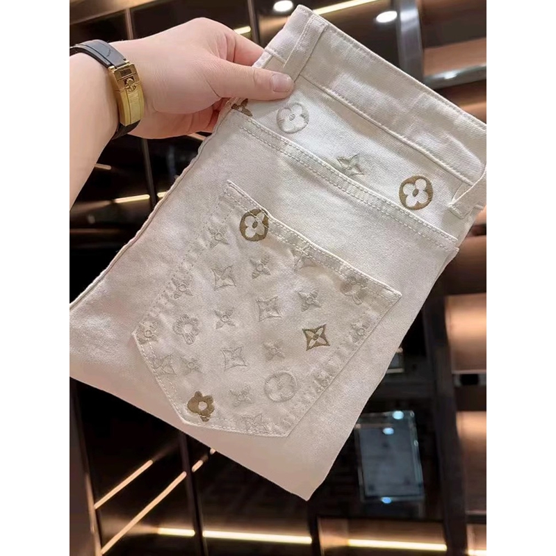 2025春季新款时尚休闲百搭刺绣白色净版商务男士高档黑色男牛仔裤