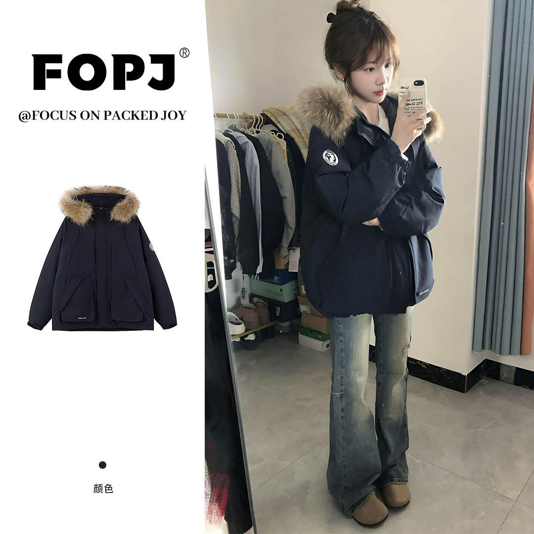 FOPJ冬季新款加厚保暖毛领潮流派克服女美式慵懒风设计感连帽上衣