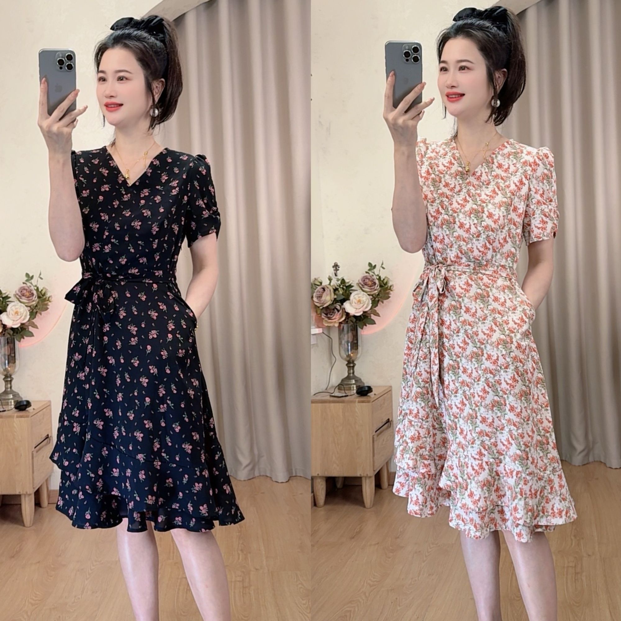 小个子V领气质收腰显瘦时尚印花女装清凉连衣裙裙子碎花泡泡袖