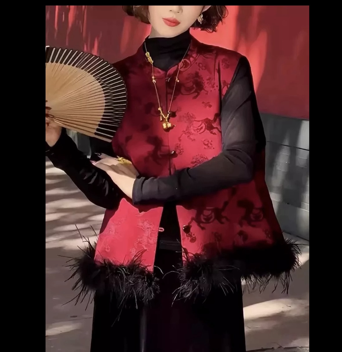 新款提花马甲复古鸵鸟毛拼接上衣新中式国风坎肩背心059