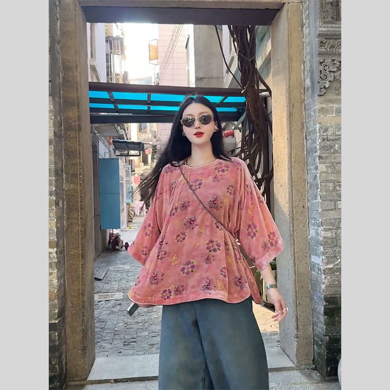 新中式民族风圆领斜襟丝绒衬衫女复古汉服中国风减龄百搭小衫上衣