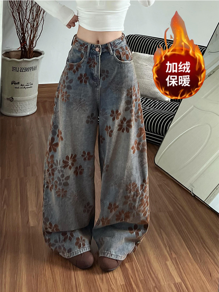 美式复古宽松时尚显瘦加绒加厚牛仔裤子女辣妹设计感提花弯刀长裤