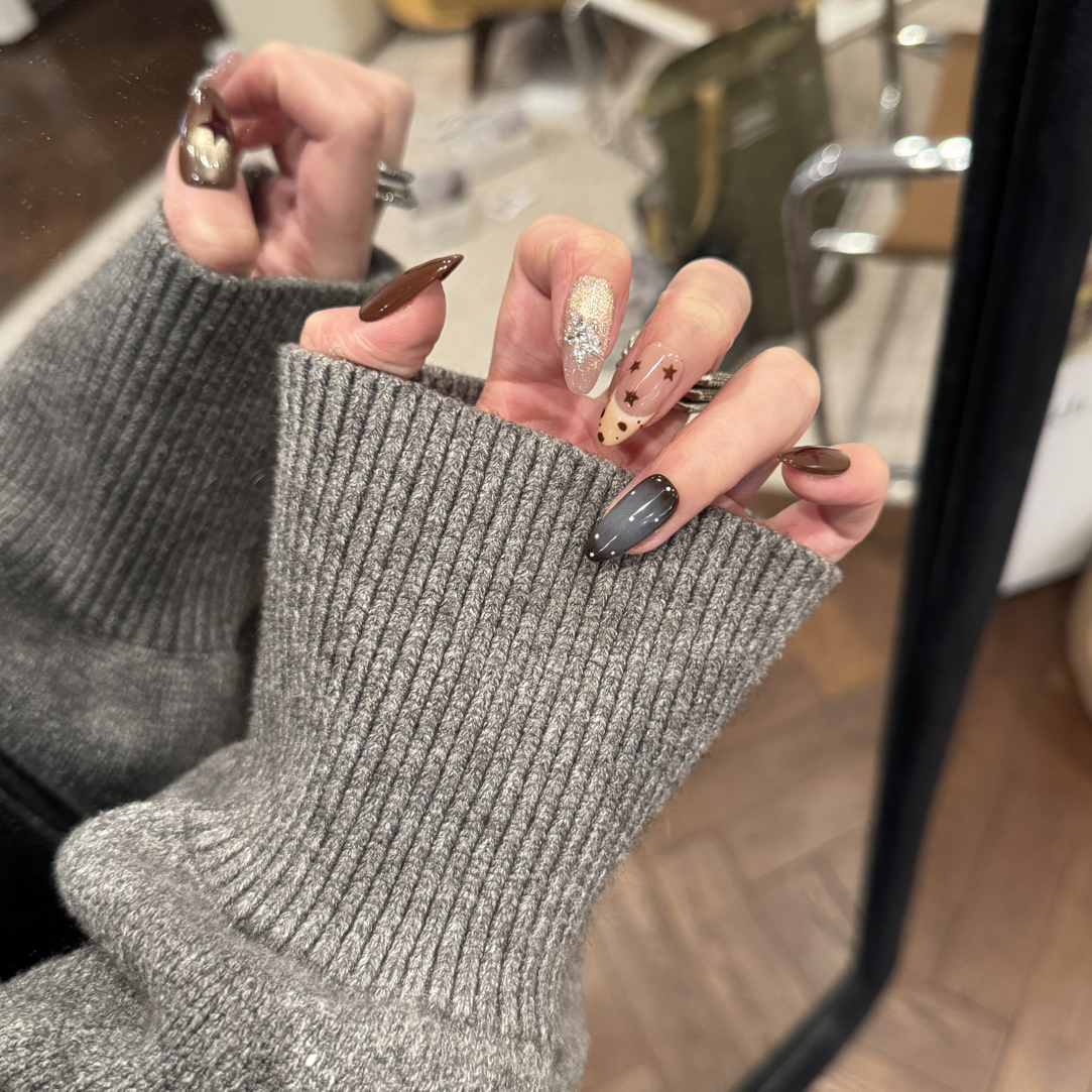 1299秋物语星星秋冬高级显白猫眼纯手绘纯手工穿戴甲短椭圆，杏仁