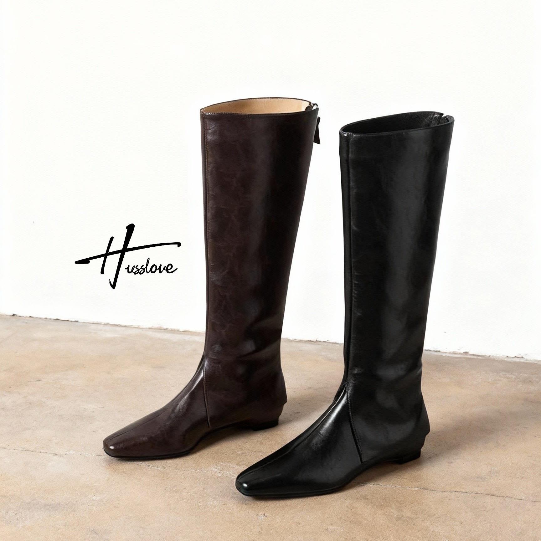 HUSSLOVE 牛皮·跟高3CM·复古时尚显瘦内增高瘦瘦时装长靴裤管靴