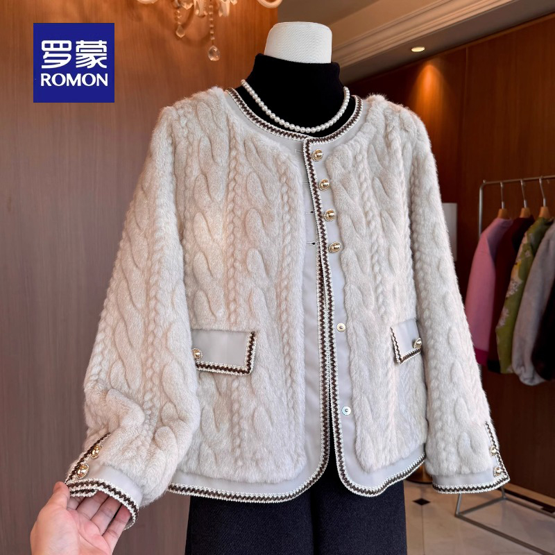 罗蒙气质妈妈装高级小香风毛呢外套冬季保暖仿水貂毛短款皮草大衣