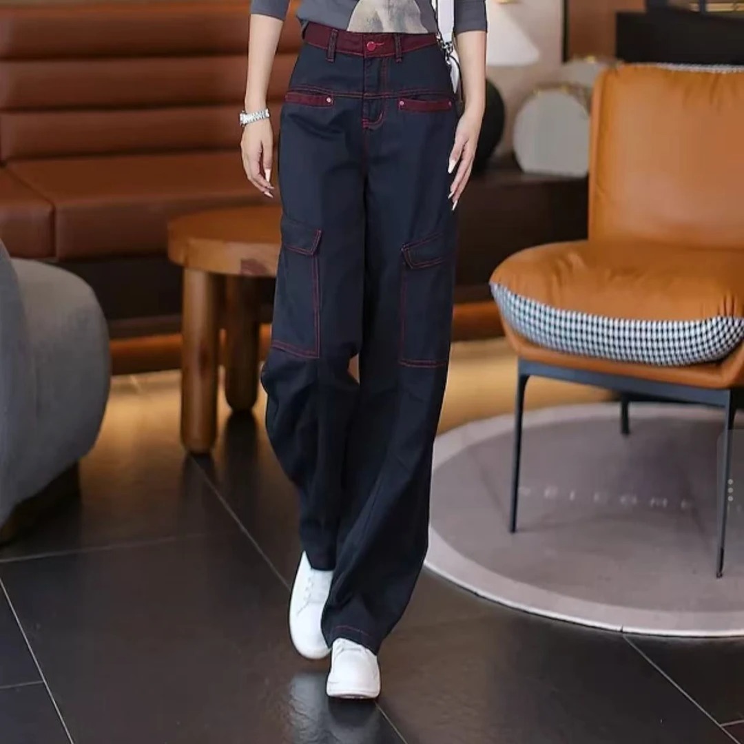 撞色工装牛仔阔腿裤2025年秋季新款高腰显瘦宽松百搭拖地直筒裤潮