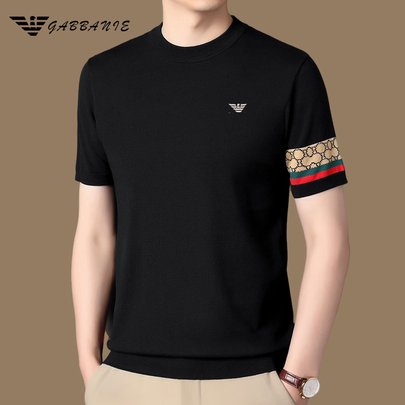 GABBANIE专柜正品冰丝针织衫男士夏季薄款圆领短袖t恤高级感男装