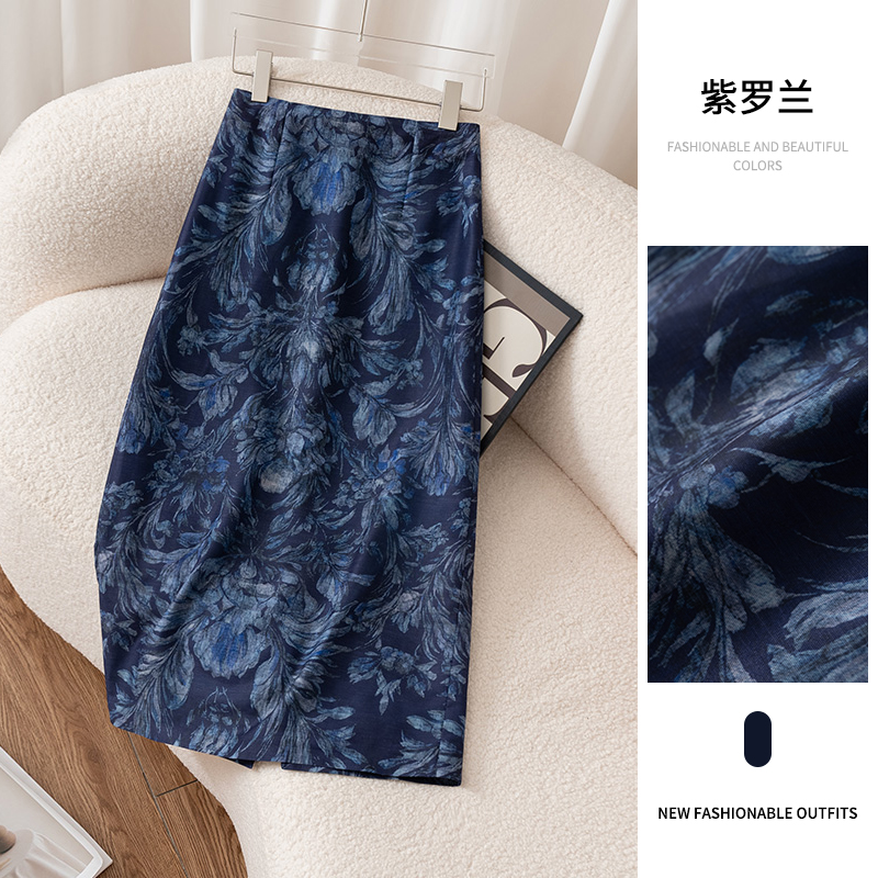 超美爆款碎花裙女2025新款高级感高腰显瘦天丝亚麻直筒开叉半身裙